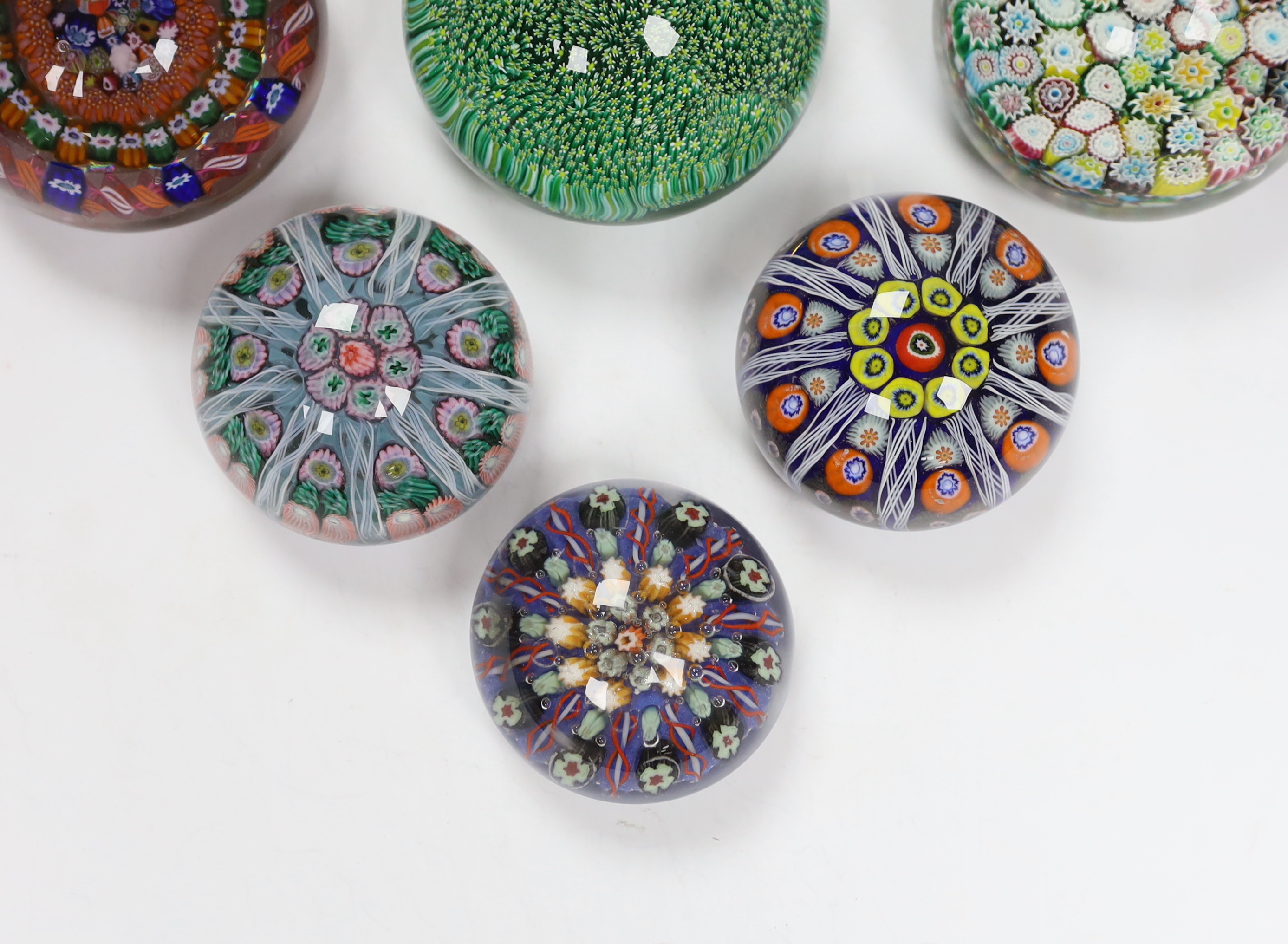 Six various millefiori glass paperweights